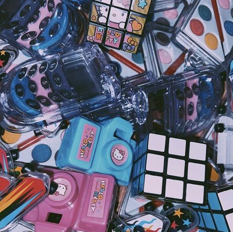 Blue Retro Aesthetic, Hello Kitty Lip Gloss, Skateboard Earrings, 90s Things, Rubix Cube, Cute Hello Kitty, Blue Aesthetic Pastel, 80s Aesthetic, Picture Collage Wall