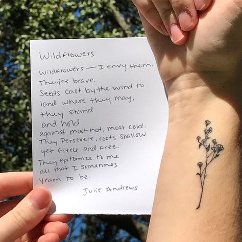 My wonderful Wildflower wrist tattoo. Minimalist Rose Tattoo, Tiki Tattoo, Tattoo Dotwork, Wildflower Tattoo, Sternum Tattoo, E Tattoo, Little Tattoos, Piercing Tattoo, Minimalist Tattoo