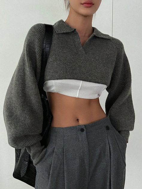 Dazy-Less Solid Raglan Sleeve Crop Sweater Without Tube TopI discovered amazing products on SHEIN.com, come check them out! Extreme Cropped Sweater, Sleeve Crop Sweater, Tomboy Femme, 75 Hard, Crop Pullover, College Fits, Grey Crop Top, Cropped Pullover, Outfit Inspo Casual