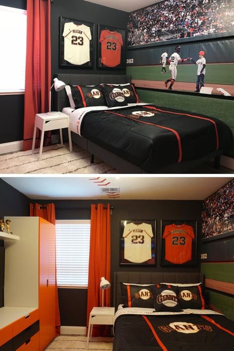 Sports Theme | Sf Giant | Cool Bedroom Ideas For Boys Boys Baseball Bedroom, Baseball Themed Bedroom, Sports Themed Bedroom, Sports Room Boys, Teenage Boy Room, Sport Bedroom, Boys Bedroom Makeover, Baseball Room, Boy Bedroom Design