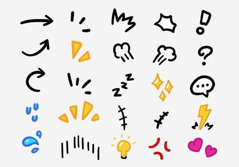 Symbols For Emotions, Drawing Symbols Doodles, Comic Emotion Symbols, Anime Emotion Symbols, Manga Emotion Symbols, Cute Expressions Drawing, Cartoon Design Ideas, Cool Hand Signs, Sticker Line Design