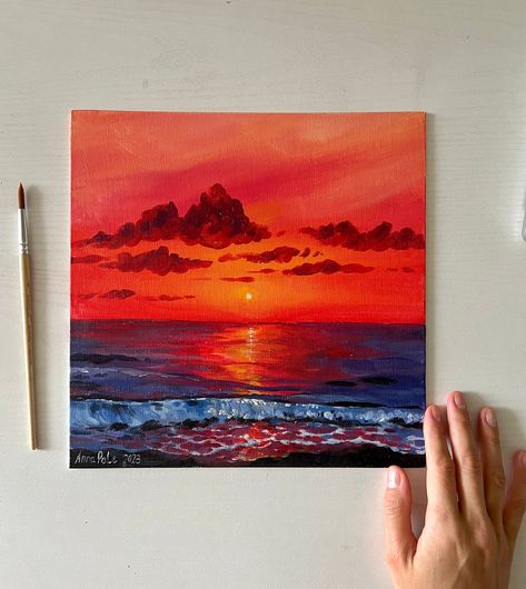 Acrylic painting on canvas  25,5x 25,5 cm 10x10 inches  Unframed Sunset Canvas Painting Ideas, Red Canvas Painting Ideas, Red Sunset Painting, Canvas Painting Beach, Acrylic Painting Sunset, Ocean Sunset Painting, Baby Dragon Art, Sunset Paintings, Sunset Acrylic Painting