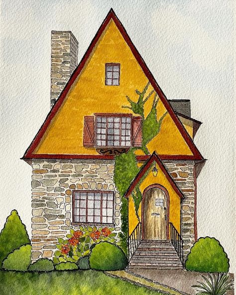 MissLesleysArt - Etsy Australia Town Illustration, Whimsy Flowers, Geometric Origami, Watercolor Ideas, Stone Cottage, Watercolor Portrait, House Drawing, Easy Watercolor, Diy Canvas Art Painting