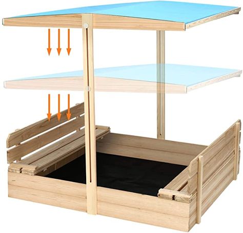 Sandbox with Cover Wooden Outdoor Kids Sandbox with Canopy, 2 Foldable Bench Seat, Sandbox with Lid UV40 Sun Protection Function for Garden, Backyard, Beach, 48" x 48" Sandbox With Canopy, Sandbox With Lid, Sandbox With Cover, Foldable Bench, Wooden Sandbox, Kids Sandbox, Canopy Roof, Kids Sand, Yard Inspiration