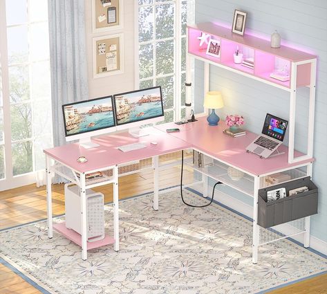 Desk has upper RGB LED Lit Shelves, Lower Wire Shelves, Power Strip. (Affiliate) Ushaped Desk, Corner Desk With Storage, Industrial Home Office, Pastel Desk, Office Desk With Hutch, College Bedroom Decor, L Shaped Computer Desk, Industrial Style Desk, Industrial Home Offices