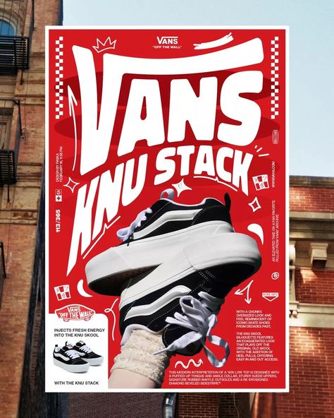 113/365 [Vans Knu Stack] I made my first Vans poster. I picked it because the font matches the bold style of the shoes. I used the colors from the Vans logo, but you can use any color. I hope you like it. I'll be taking a break after this. This is my last poster for now. I hope it inspires you. Goodbye for now, everyone! @vans #itsnicethat #digitalarchive #tripl7lab #acidgraphix #archivesarea #typography #reebok #youaretypography #type01 #typosters #vans Vans Poster Design, Bold Poster Design, Vans Advertisement, New Balance Poster, Vans Poster, Ssjg Goku, Skate Poster, Vans Design, Shoes Poster