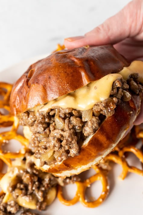 Pretzel Buns Sandwich, Pretzel Bun Sliders, Loose Meat Sandwich, Beer Cheese Recipe, Homemade Sloppy Joe Sauce, Beer Cheese Sauce, Sloppy Joe Recipe Easy, Loose Meat, Homemade Sloppy Joe Recipe