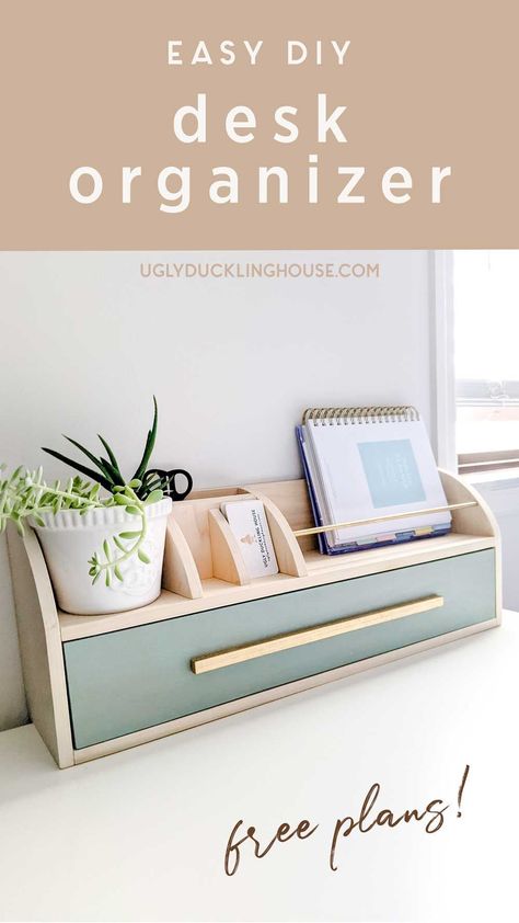 Love the curves on this easy DIY desk organizer! Drawer, space for a plant, large paper organization, small sections for pens and business cards. Even a tape measure! Free plans available to build it yourself! Features @minwax color of the year in vintage blue solid color stain. |ad| #woodworking #diy #woodworkingplans #freeplans #stain #vintage #officeorganization #homeoffice #officedecor #deskorganization #organization Easy Diy Desk, Diy Desk Organizer, Solid Stain Colors, Diy Storage Shelves, Desk Organization Diy, Diy Office, Diy Upcycling, Ugly Duckling, Diy Spring