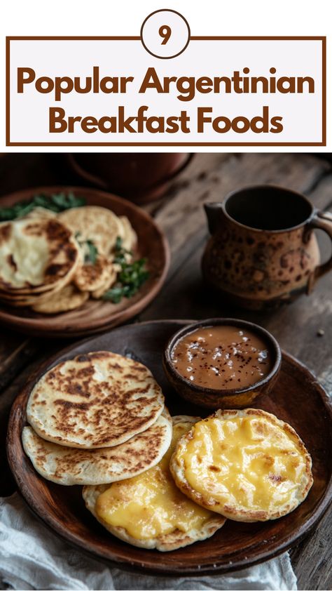 A plate of buttery medialunas, tostadas topped with dulce de leche, and a cup of traditional yerba mate, showcasing popular Argentinian breakfast foods. Argentinian Dessert Recipes, Breakfasts From Around The World, Breakfast Tostada Recipes, Columbian Breakfast, Argentinian Breakfast, International Breakfast Recipes, Ecuadorian Breakfast, Venezuelan Breakfast, Balkan Breakfast