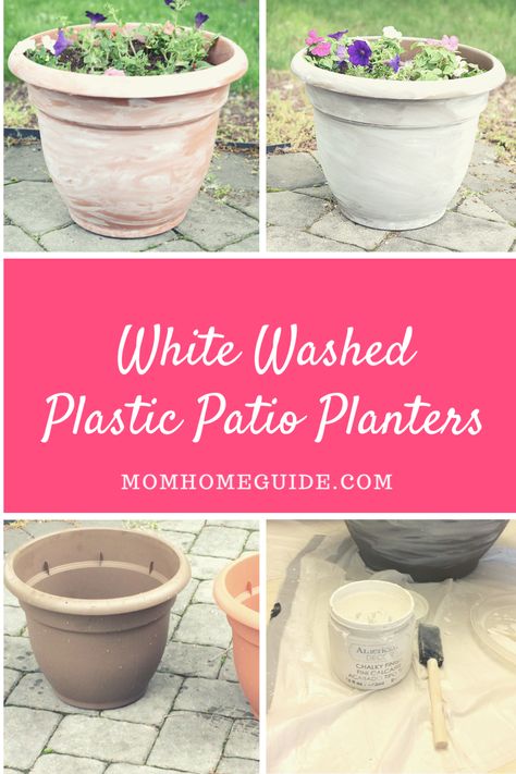 Give your plastic planters a prettier look by applying a simple wash of watered down chalk paint. Paint Garden Pots, Terra Cotta Planters, White Washing, Terra Cotta Pots, Plastic Plant Pots, Patio Pots, Deck Designs Backyard, Patio Planters, Diy Flower Pots