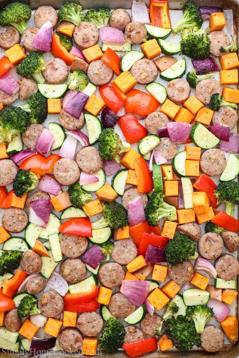 Sheet Pan Sausage And Veggies, Whole30 Sheet Pan, Pan Sausage And Veggies, Sheet Pan Sausage, Pan Sausage, Sausage And Veggies, Real Food Dietitians, Sheet Pan Dinners Recipes, Sausage Bake