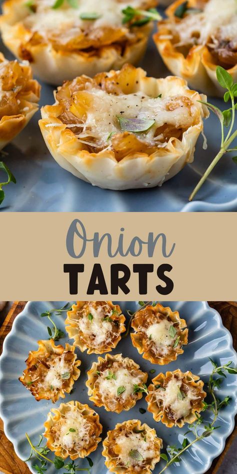 Mini Onion Tarts are bites of french onion tart in phyllo dough - this is the perfect easy appetizer recipe for a party! French Onion Phyllo Cups, Mini Philo Cup Recipes, Phyllo Cup Appetizers Savory, Mini Tarts Savory Appetizers, Filo Tarts Savoury, French Onion Tarts, Phillo Puff Pastry Cup Appetizers, Mini Canapes Ideas, Onion Tartlets Appetizers