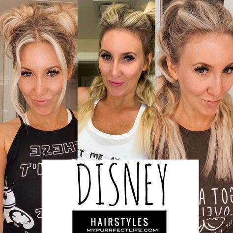 Hairstyles Mickey Ears, Hairstyles For Family Photos Mom, How To Style Hair With Disney Ears, Hairstyle For Visor, Cute Updos For Disney, Park Hairstyles Amusement, Best Theme Park Hairstyles, Amusement Park Updo, Easy Hairstyles For Theme Park