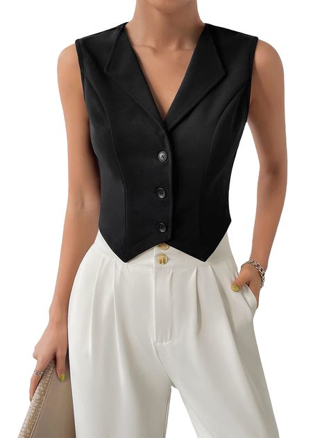 Female Suit Vest Outfits, Vest Button Up Outfits, How To Style A Black Vest, Outfits With Vests For Women, Black Vest Outfits For Women, Black Vest Outfit, Sleeveless Blazer Vest, Vest Outfits For Women, Vest Style Women