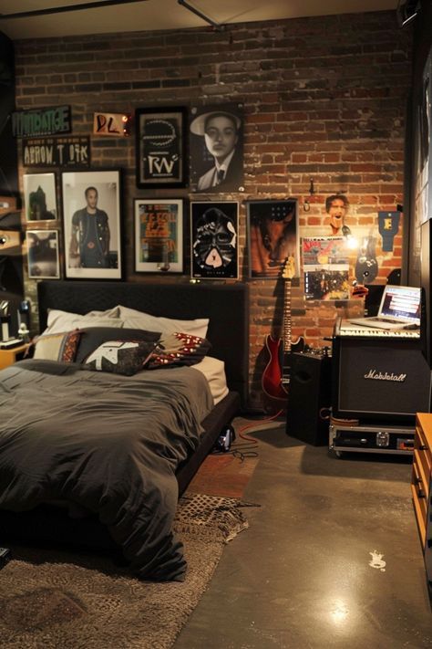 Old Style Bedroom Ideas, Cool Apartment Decor For Guys, Bachelor Bedroom Masculine Interior, Male Bedroom Design, Male Room Decor, Cozy Industrial Bedroom, Male Room Ideas, Edgy Bedroom, Male Bedroom