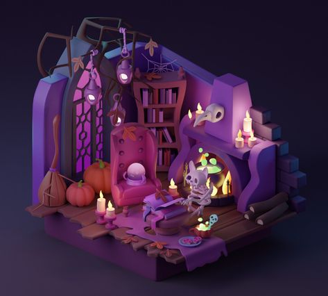 ArtStation - Halloween Magic Room Halloween 3d Art, Blender Room, Project Themes, Halloween Moodboard, Room Reference, Blender Modeling, Magic Room, Halloween Diorama, Toy Workshop