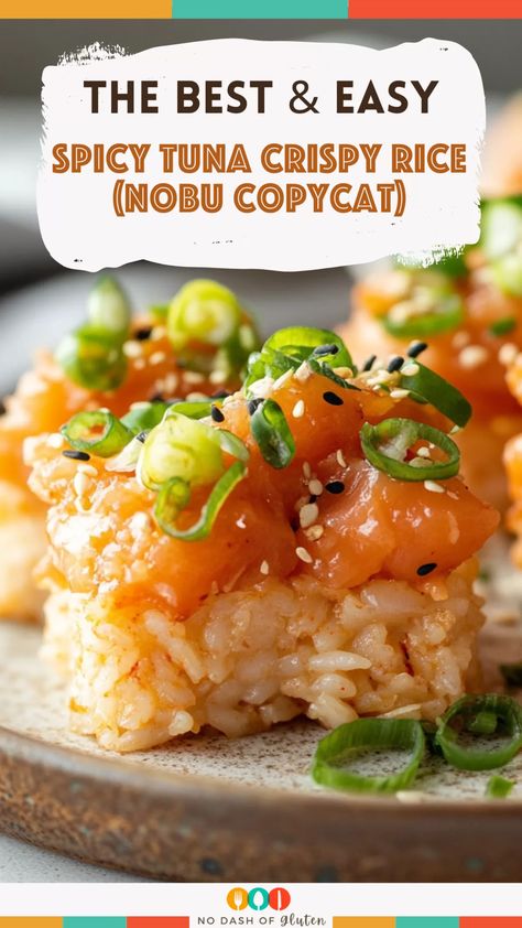 Love Nobu's crispy rice? Recreate it at home with this Spicy Tuna Crispy Rice (Nobu Copycat) recipe! Crispy rice, spicy tuna, and creamy toppings make the perfect bite-sized appetizer or snack. Pin it now and impress your guests! Crispy Rice Spicy Tuna Nobu, Nobu Crispy Rice, Crispy Rice With Tuna, Crispy Rice Spicy Tuna Air Fryer, Nobu Crispy Rice Spicy Tuna, Spicy Tuna Crispy Rice Recipe, Bobby Flay's Crispy Rice, Crispy Tuna Rice, Crispy Rice Cups