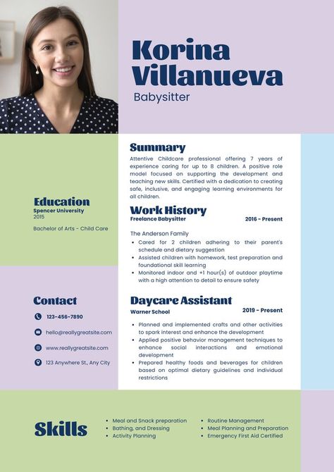 A resume is a personal marketing document that communicates your career objective and value to a hiring company. A strong resume is carefully planned and developed (not quickly typed up) in an appropriate format (style) designed to showcase your experience. Get this free resume template and easy editable Keywords: babysitter, nanny, daycare, helper, resume, CV, formal, header, work, curriculum vitae, personal, profile, portfolio Nanny Profile, Nanny Curriculum, Babysitting Resume, Minimalist Cv Design, Graphic Designer Cv, Nanny Resume, Babysitter Resume, Babysitting Tips, Basic Resume Examples