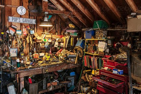 Garage Interior | Stocksy United by Raymond Forbes Photography #stockphoto #stockphotography #raymondforbes #clutter #grandfather #garageinterior #garage #workshop #clutter #organization #storage #junk #workbench #tools #rustic #repair #toolbox #mechanic #handyman #repairman #work #hobby Hobby Garage, Messy Car, Mechanical Workshop, Mechanical Room, Garage Tool Organization, Clean Garage, Mechanic Shop, Residential Garage, Garage Organization Diy