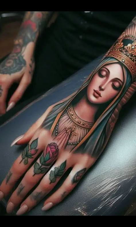 Virgin Mary Tattoo Color, Virgin Mary Portrait Tattoo, Virgin Mary Tattoo For Women Sleeve, Our Lady Of Fatima Tattoo, Virgin Mary Drawing Tattoo, Sacred Heart Of Mary Tattoo, Mary Traditional Tattoo, Virgin Mary Back Tattoo Women, Mexican Hand Tattoos