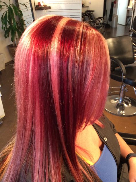 White Hair With Red Streaks, Bright Red Pink Hair, Red And White Hair Aesthetic, White And Red Hair Color, Red To White Hair, Red With White Hair, Red Hair White Streak, Red Hair White Highlights, White Hair Dye Ideas