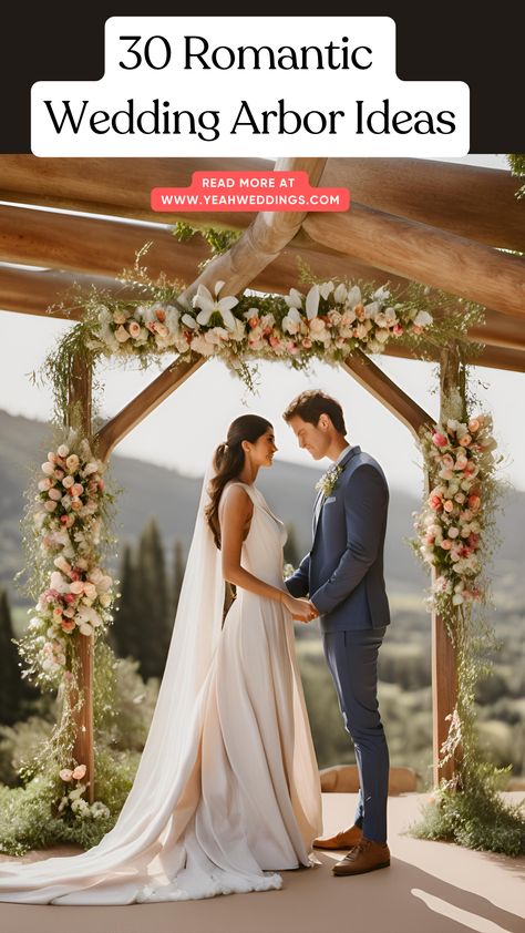 A stunning bride stands beneath a beautifully decorated wedding arbor, featuring rustic wooden arches adorned with flowers and elegant draped fabrics, creating a magical backdrop for the ceremony. Wedding Arbor Ideas Outdoor, Rustic Wedding Arbor Decorations, Wedding Arbor Decorations Diy, Wedding Arch Arbor, Elegant Wedding Arches, Decorating Wedding Arch, Types Of Wedding Arches, Wooden Arch For Wedding, Wedding Arch Design