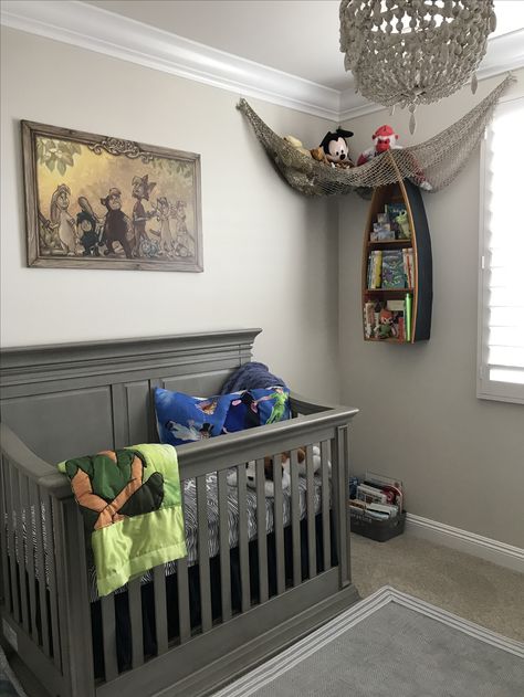 Peter Pan Inspired Nursery, Disney Jungle Cruise Nursery, Animal Kingdom Nursery Ideas, Neverland Bedroom Ideas, Peter Pan Themed Bedroom, Neverland Nursery Neutral, Bayou Themed Nursery, Disney Baby Boy Nursery, Peter Pan Newborn Pictures