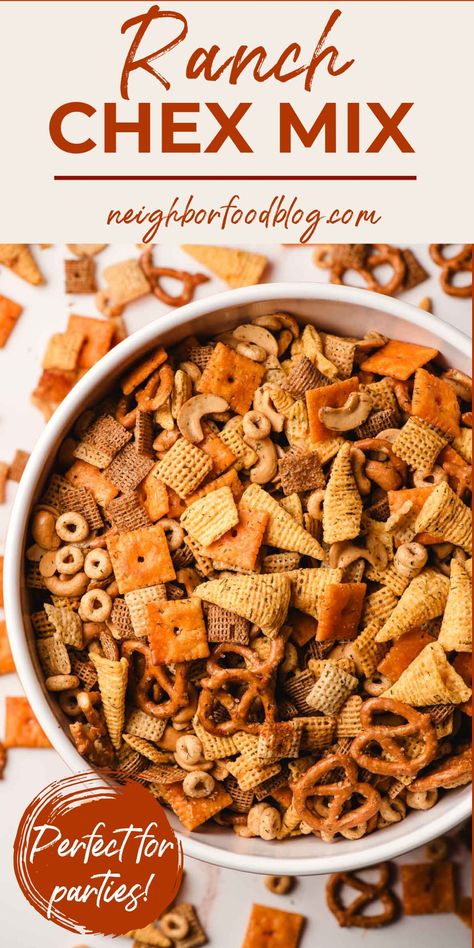 This Ranch Chex Mix is the ultimate party chex mix! recipe This savory chex mix is filled with all our snacking favorites, including bugles, cheeze-its, chex, and nuts, in a savory ranch seasoning. This recipe feeds a crowd, so grab your biggest bowl and make a big batch for all of your holiday snacking needs. Bold Chex Mix Recipe, Savory Chex Mix Recipes, Savory Chex, Savory Chex Mix, Ranch Chex, Homemade Chex Mix Recipe, Ranch Chex Mix, Chex Mix Recipes Original, Puppy Chow Chex Mix Recipe