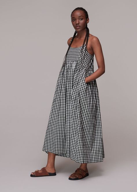 Buy Black/Multi Carmen Gingham Trapeze Dress | WHISTLES whistles.com. Our latest maxi dress comes in a trapeze silhouette and has been designed in a sweet gingham print. Trapeze Dress Outfit, Trapeze Silhouette, Latest Maxi Dresses, Maxi Dress Black, Trapeze Dress, Summer Dress Outfits, Women's Casual Style, Gingham Dress, Gingham Print