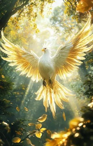 ↑↑↑ Larger size on website 🔸 A white bird with golden feathers is flying through a forest, bathed in warm sunlight. The bird's wi 🔸 From Midjourney AI Image Sunlit Forest, Bird Wings, Tail Feathers, White Bird, Feathers, Art Images, Forest, Birds, White