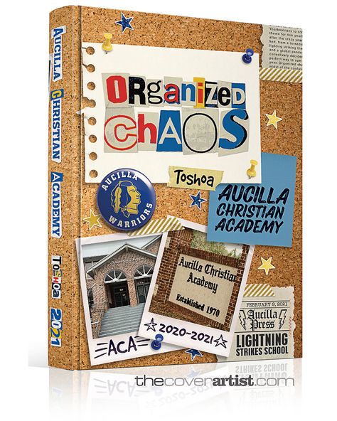 "Organized Chaos" - Aucilla Christian Academy - Monticello, FL  Even if you’re not ready for a cover appointment, book one before you need one! Dates are very limited and won’t last long. You’ll be glad you reserved your spot.  http://www.thecoverartist.com/contact  ***  #YearbookIdeas  *Actual cover may differ from one presented here. I’m just a consultant.  #YBK #Yearbook #YearbookCover #YearbookTheme #YearbookIdea #BookCover #CoverDesign #Bookstagram #GraphicDesign #AdobeIllustrator Yearbook Folio Ideas, Scrapbook Themed Yearbook, Aesthetic Yearbook Covers, Year Book Design Layout Yearbook Ideas, Yearbook Design Cover, Yearbook Cover Ideas Highschool, Year Book Cover, Scrapbook Yearbook, Yearbook Advisor