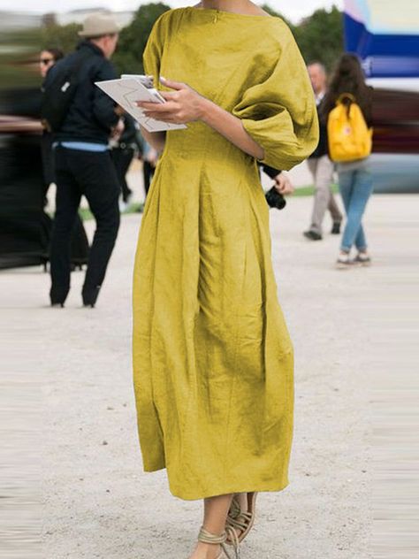 Pleated Party Dress, Midi Dress Fall, Long Linen Dress, Yellow Midi Dress, Cotton Linen Dresses, Linen Midi Dress, Mode Casual, Half Sleeve Dresses, Maxi Robes