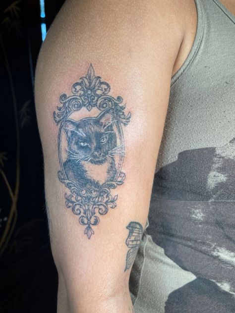 Black and white, tuxedo cat portrait tattoo with antique oval picture frame Victorian Cat Portrait Tattoo, Animal Portraits Tattoos, Framed Picture Tattoo, Porcelain Cat Tattoo, Framed Cat Tattoo, Victorian Picture Frame Tattoo, Cat Portrait Tattoo Frame, Cat Frame Tattoo, Framed Portrait Tattoo