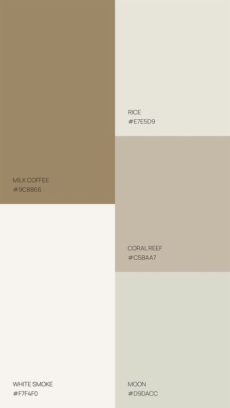 Set of nine Color Palettes of Natural tones. Muted, gender neutral colour palette for luxury brand. Milk Coffee, White Smoke, Rice, Colar Reef, Moon | A Multidisciplinary Studio that specializes in Brand Identity Design and Creative Direction for Soulful fashion, beauty, wellness and lifestyle brands. #design #colorpalette #neutral #naturalcolor Oat Milk Color Aesthetic, Color Palette For Luxury Brand, Luxurious Color Scheme, Natural Color Palettes, Beige Aesthetic Color Palette, Off White Color Palette, Off White Palette, Neutral Branding Color Palette, Gender Neutral Color Palette