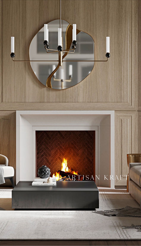 Modern fireplace surround in a modern styled home with a round coffee table and wood walls. Fireplace Surround Ideas Stone, Fireplace Insert, Fireplace Accent Wall Ideas, Mediterranean Fireplace, Modern Mantle, Cast Stone Fireplace Surround, Reface Fireplace, Curved Fireplace, Fireplace Accent Walls