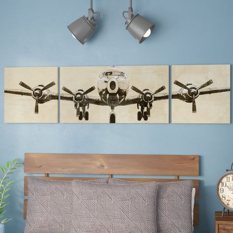 Trent Austin Design 'Flight Time' 3 Piece Wrapped Canvas Graphic Art Set on Canvas & Reviews | Wayfair Toddler Wall Art, Industrial Wall Art, Time Graphic, Airplane Wall Art, Airplane Wall, Airplane Art, Austin Design, Canvas Wall Art Set, Art Wall Kids