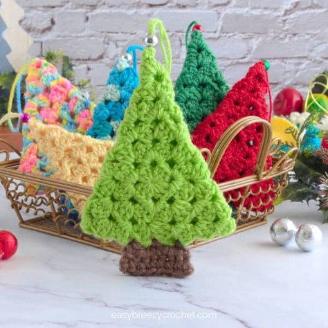 Granny Square Christmas Tree Ornament | Easy Breezy Crochet Crochet Xmas Tree Ornaments, Crochet Granny Christmas Tree, Crochet Christmas Tree Granny Square, Crochet Granny Square Ornament, Christmas Tree Granny Square Pattern, Crochet Granny Square Christmas Tree, Crochet Christmas Granny Square, Granny Square Christmas Tree, Christmas Crochet Ornaments