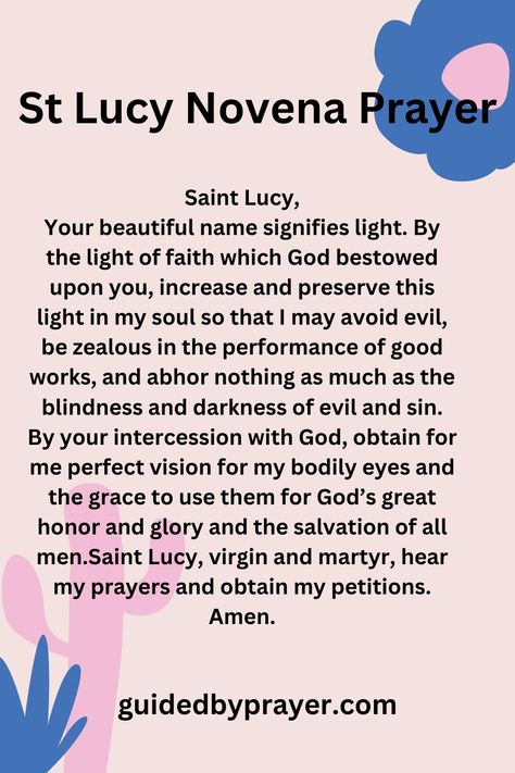 The St. Lucy Novena prayer is a traditional Catholic prayer that is recited for nine consecutive days in honor of St St Lucy Prayer For Eyes, Novena Prayers Catholic, Novenas Catholic, St Lucy, Holy Girl, Saint Lucy, Novena Prayers, Prayers For Healing, Faith Prayer