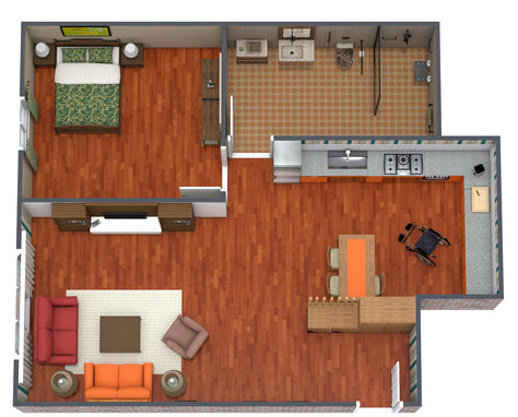 An orange 3D wheelchair accessible floor plan with one bedroom, one bathroom, and an l-shaped kitchen. Wheelchair Accessible Tiny Home, Wheelchair House Plans, Wheelchair House, Wheelchair Accessible Bathroom, Granny Flats, 3d Floor Plan, Accessible Bathroom, 3d Floor, Granny Flat