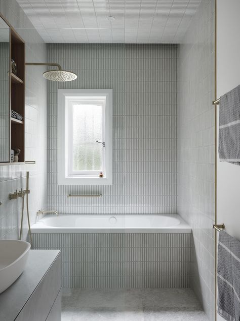 Bath Under Window, Bath Shower Combo, Tiled Tub, Small Bathroom With Tub, Bold Colour Palette, Bathroom Tub Shower Combo, Built In Bathtub, Studio Weave, Bathroom With Tub