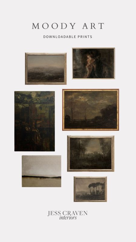 Traditional Modern Gallery Wall, Moody Art Paintings, Moody Bedroom Artwork, Moody Vintage Art Prints, Large Moody Wall Art, Diy Moody Art, Moody Collage Wall, Moody Vintage Office, Moody Landscape Art