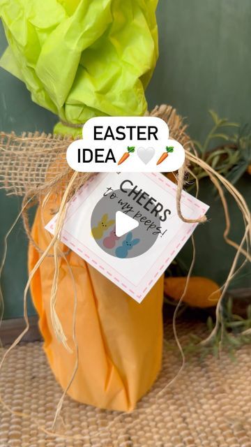 Kaycee Greer on Instagram: "Cheers To My Peeps🥕 Here is a fun way to dress up a bottle of wine, champagne, sparkling cider or lemonade for Easter. You can also dress it up to give as a hostess gift. Takes minimal effort & is so adorable to gift. 

Comment tag for a link to the gift tag. It can also be found in my LTK linked in my bio🥕🐰
.
. 
.
.
#easter #easterbunny #eastergifts #eastergift #easterbasket #easterideas" How To Wrap Champagne Bottle Gift Ideas, Easter Hostess Gift Ideas, Sparkling Cider Christmas Gift Tag, Easter Champagne Bottle, Wine Gift Tag Sayings, Wine Bag Diy, Easter Wine Bottles, Easter Hostess Gift, Adult Easter Basket Cleaning Supplies