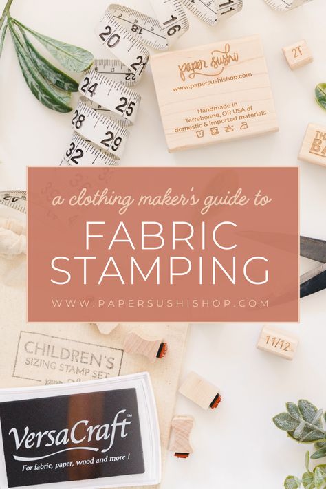 Engraved rubber stamps, ink pads, and clothing making supplies are spread across a white table. Ink Stamps On Fabric, Fabric Stamping Diy, How To Make Ink, Stamping On Fabric, Paper Sushi, Stamping Fabric, Fabric Techniques, Rubber Stamps Diy, Stamping Textiles