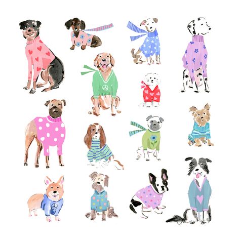 Dog In Clothes Illustration, Animal In Sweater Drawing, Dog Posters Aesthetic, Dog Illustration Design, Dogs In Sweaters, Beth Briggs, Dog Illustration Art, Clothes Illustration, Dog Prints