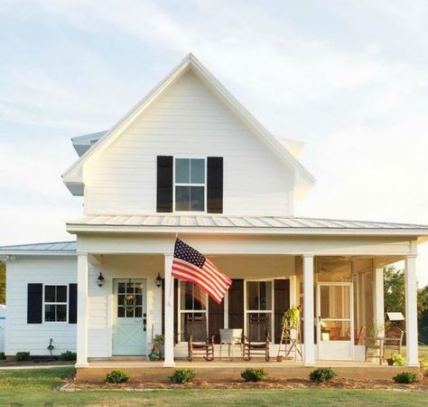 Paint combination is pretty. White with perhaps driftwood colored shutters and turquoise door. Door is SW Watery Sw Watery, Colored Shutters, Southern Living Floor Plans, Sugarberry Cottage, Turquoise Door, Slice Of Heaven, Farmhouse Inspiration, Southern Homes, Old Farm Houses