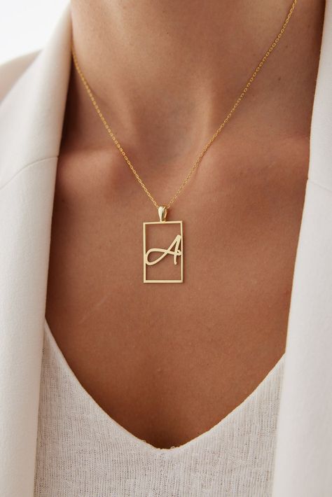 Square Letter Necklace, Initial Necklace, Name Necklace, Custom Necklace, Silver Necklace, Dainty Necklace, Minimalist Necklace - Etsy UK Square Pendent Designs Gold, Letter Necklace Gold Initial Pendant, Etsy Necklace, Letter Necklace Initials, Letter Necklace Silver, Pendant Designs, Pendant Ideas, Necklace Name, Gold Letter Necklace