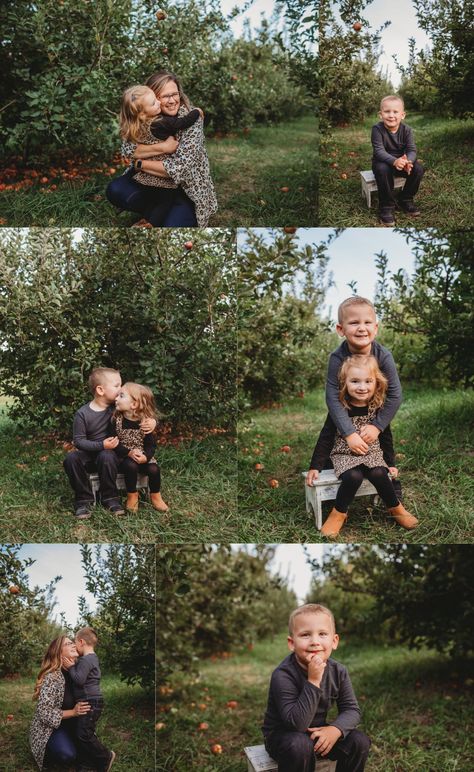 Fall Family Photo Props, Fall Sibling Photos, Props For Outdoor Family Pictures, Apple Picking Photoshoot Family Photos, Kids Fall Photoshoot Ideas, Family Photo Outfits Fall Apple Orchard, Orchard Family Photoshoot, Kids Fall Pictures, Family Photoshoot Apple Orchard