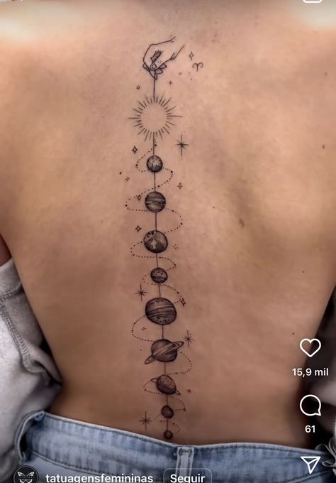 Back Tattoo Solar System, Galaxy Back Tattoo Women, Spine Tattoos Solar System, Back Tattoo Women Solar System, Astral Spine Tattoo, Star Spinal Tattoo, Spine Tattoos For Women Space, Spine Tattoos For Women Constellation, Planet And Flowers Tattoo