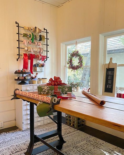 How to Organize Your Gift Wrapping Room 15 Gift Wrapping Room, Wrapping Room, Wrapping Table, 100 Year Old Home, Wrapping Paper Organization, Gift Wrap Organization, Gift Wrapping Station, Gift Wrap Storage, Wrapping Station