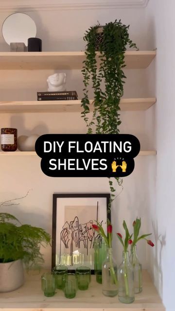 Fy! on Instagram: "DIY Floating shelf by @ourlondonlistedhome. Check out her essentials 👇 Pine board - for the shelf Brackets - to attach the shelf to the wall Drilling Jig - to make sure you drill a straight hole into the wood Drill and drill pieces - to drill the holes into the wall and wood Saw - to cut the shelves to size Tape Measure - to measure where to drill the holes Laser Level - if you’re extra like us Spirt Level - do not rush this part as it’s so important for them to be straight # Wall Shelf No Drill, No Drill Floating Shelves, No Drill Shelves, Floating Shelf Hanging Hack, Floating Shelves Without Drilling Holes, Laser Level, Pine Boards, Floating Shelves Diy, Shelf Brackets